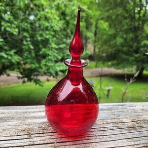 Vintage Red Glass Perfume Bottle With Stopper 6.5" Tall Handblown Made In Mexico